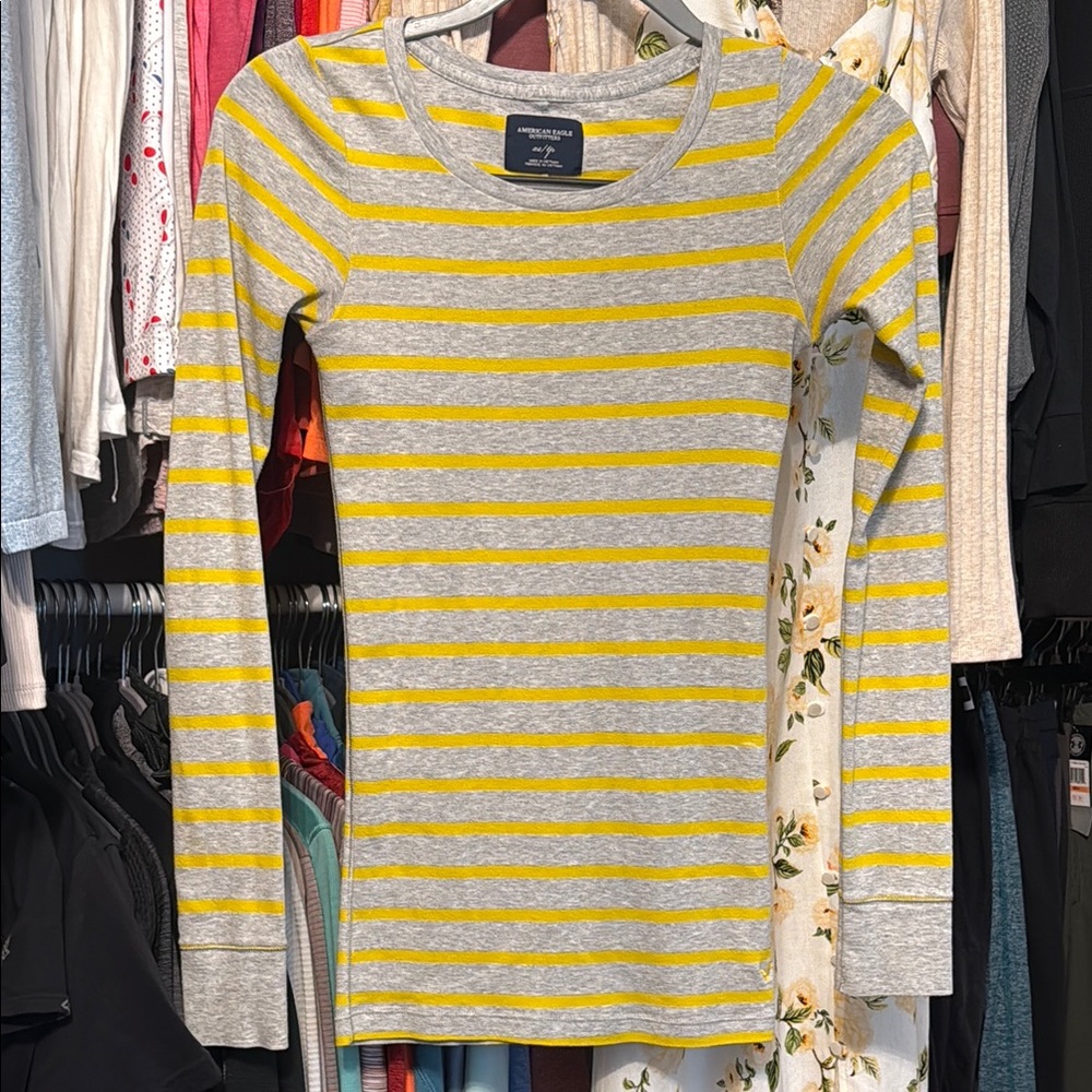 American Eagle Outfitters Gray and Yellow Striped Long Sleeve Tee